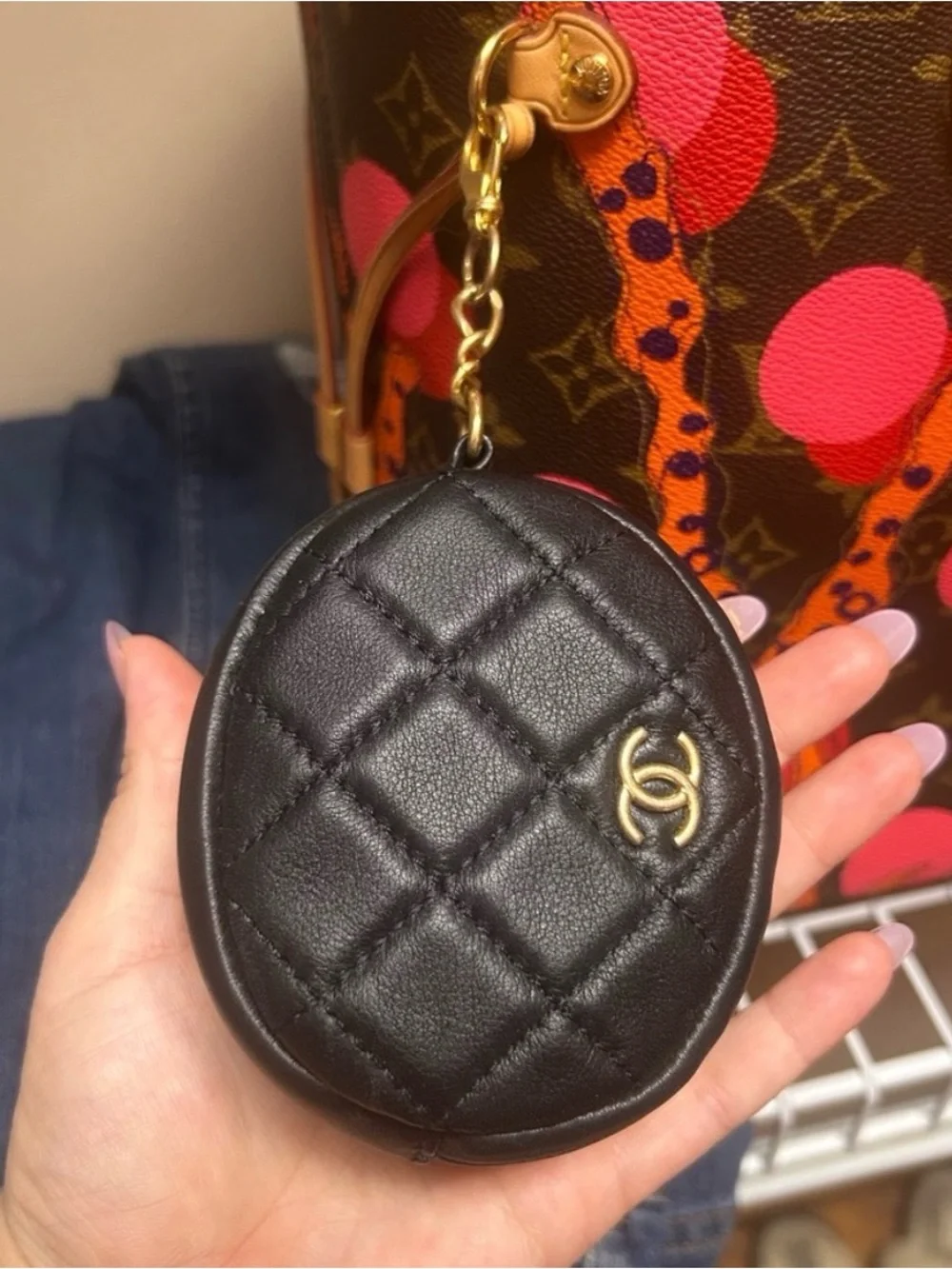 Authentic Chanel 19 CC Round Diamond Quilted Coin Pouch / Bag Charm